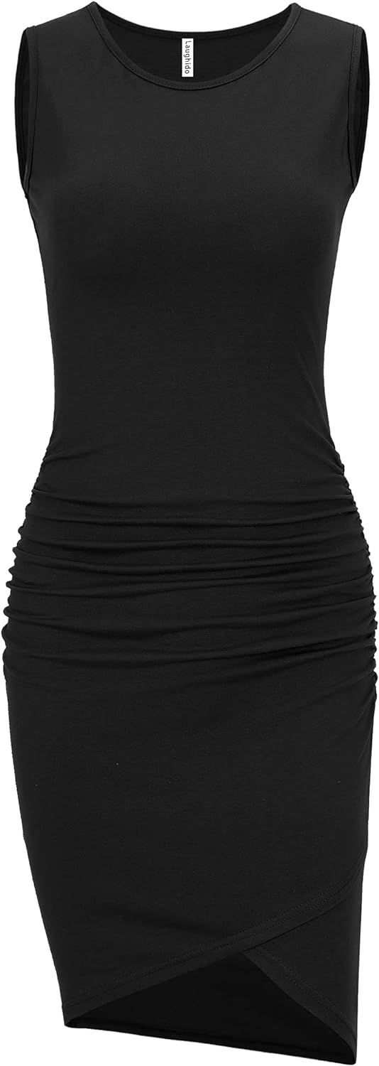 Laughido Women's Sleeveless Ruched Bodycon Short Mini Dress Fitted Tshirt Tank Irregular Summer C... | Amazon (US)