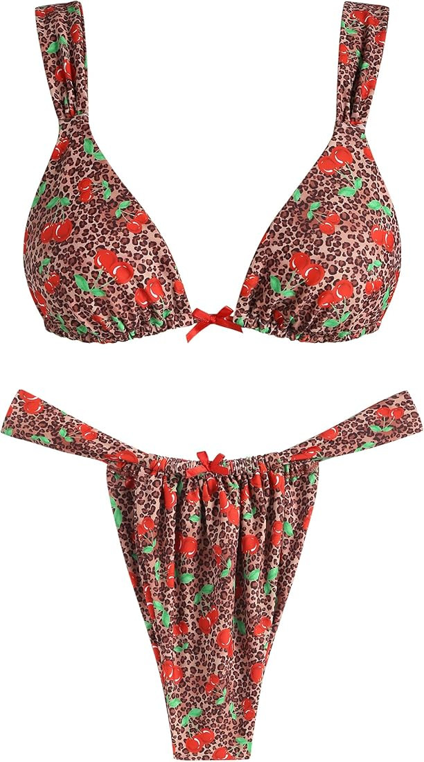 ZAFUL Women's Triangle Bikini Set Bow Decor Ruffle Trim Spaghetti Straps Lace Bikini Swimsuit 2 P... | Amazon (US)