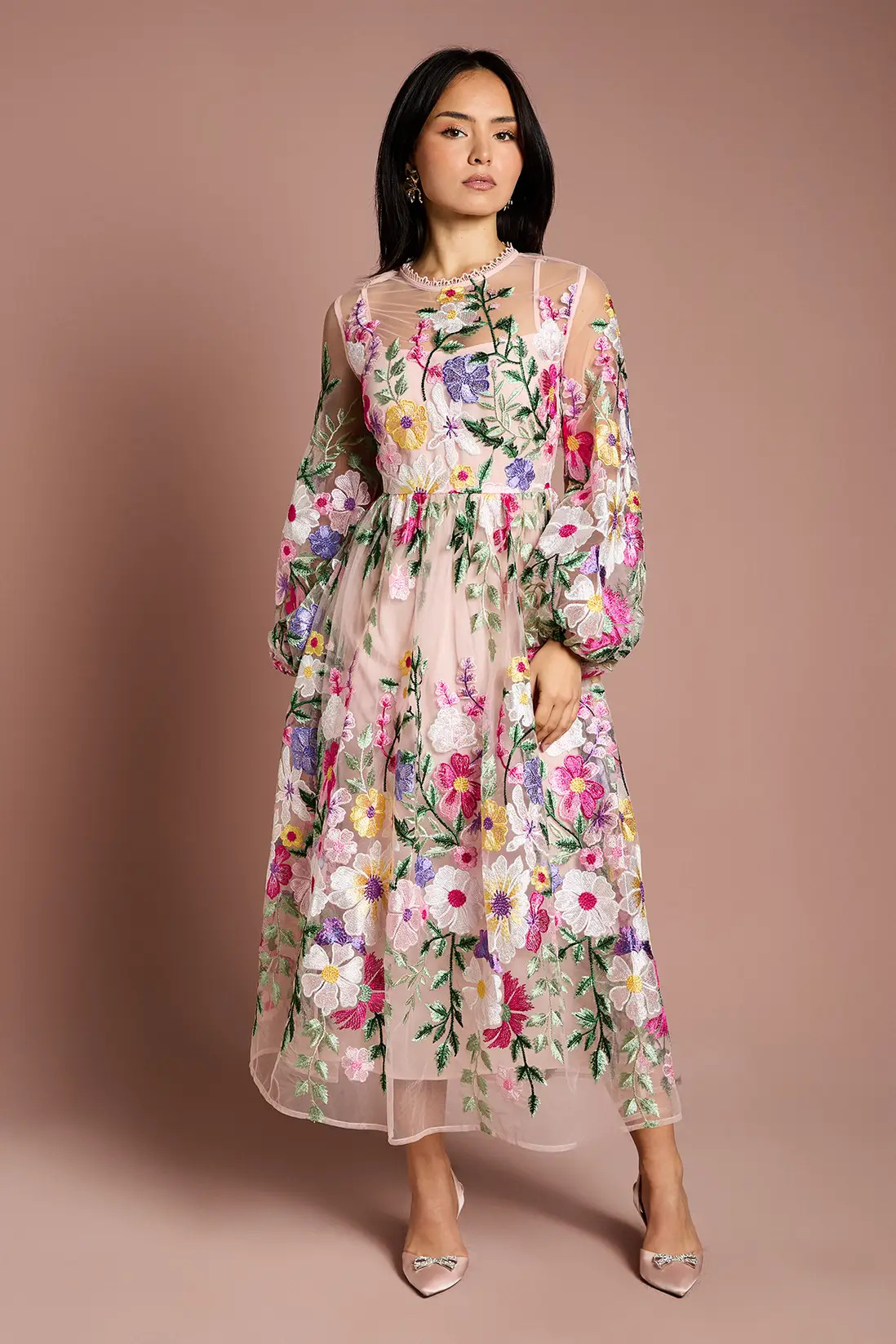 Petite Long Sleeve Embroidered Maxi Dress | Karen Millen