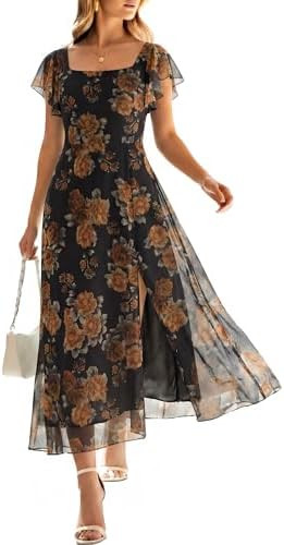 Caracilia Women Square Neck Floral Tulle Wedding Guest Bridemaid Dresses Summer Ruffle Sleeve Hig... | Amazon (US)