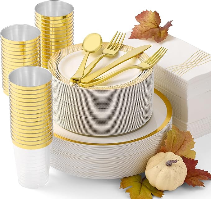By Madee HEAVYWEIGHT Elegant Disposable Dinnerware Set | Gold Fancy Plastic Dinnerware Sets | Pla... | Amazon (US)