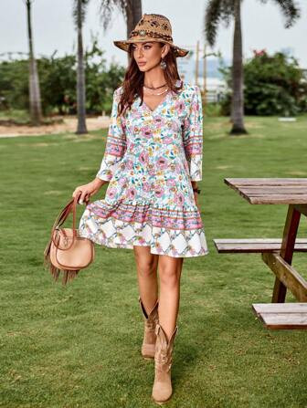 SHEIN Unity Floral Print Flare Sleeve Ruffle Hem Smock Dress | SHEIN