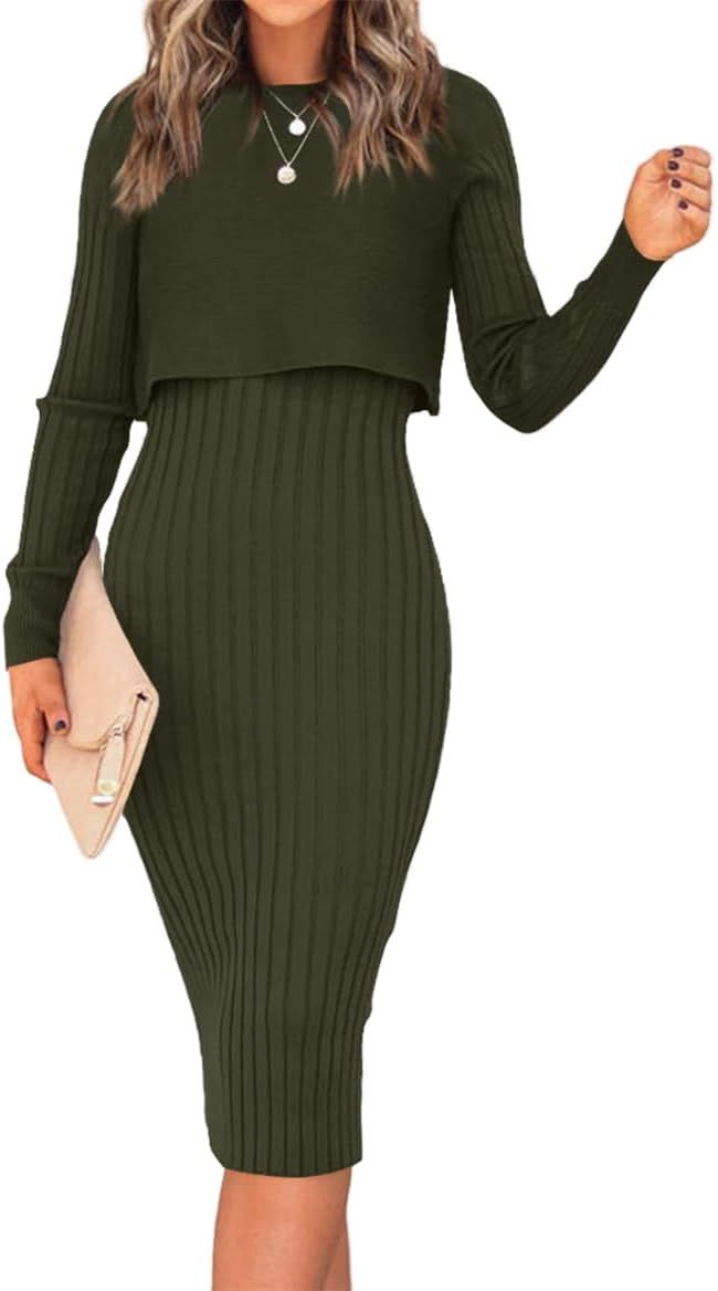 Ezbelle Women's Long Sleeve Sweater Dresses 2 Piece Outfits Sets Ribbed Knit Crop Tops and Tank B... | Amazon (US)