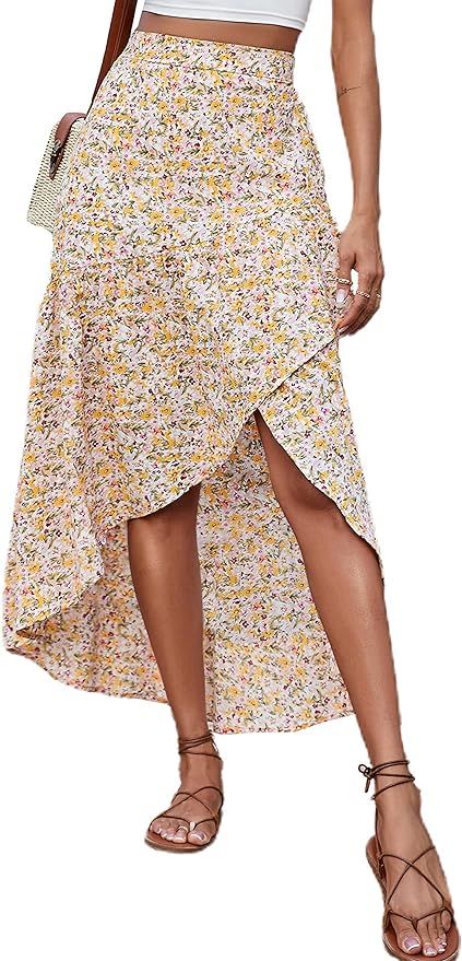 PRETTYGARDEN Womens Boho Floral Print Summer Dress Maxi Skirt High Low Ruffle Slit Casual High Wa... | Amazon (US)