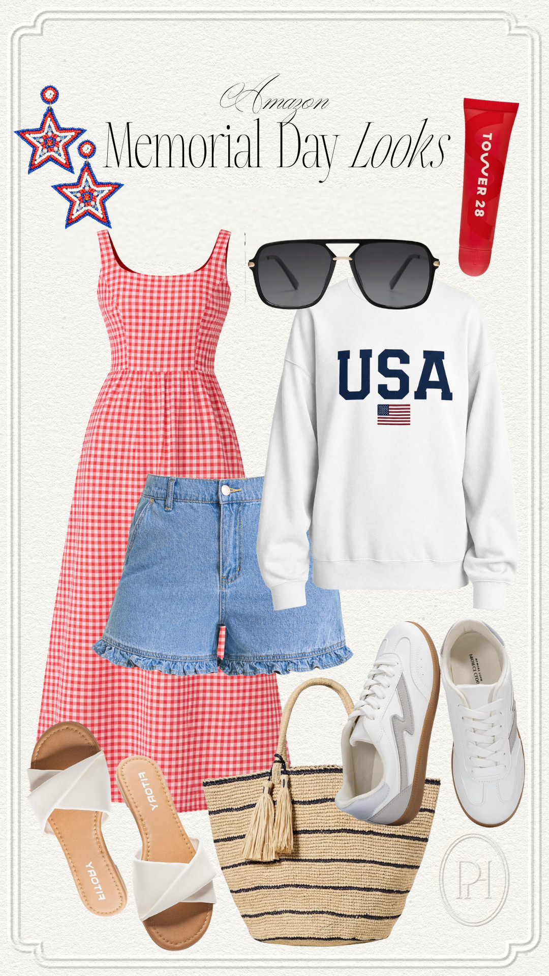 Amazon finds that are perfect for your Memorial Day looks!

gingham dress, red dress, midi dress, USA sweatshirt, ruffle hem shorts, jeans shorts, white sweatshirt, sunglasses, red lip balm, lip gloss, star earrings, sneakers, white tennis shoes, trainers, white sandals, slides, straw tote, tote bag, BBQ looks, cookout looks, spring fashion, summer fashion, summer style, 4th of July, Independence Day, summer outfit, summer looks 

 #LTKgrwm #LTKootd #LTKSeasonal