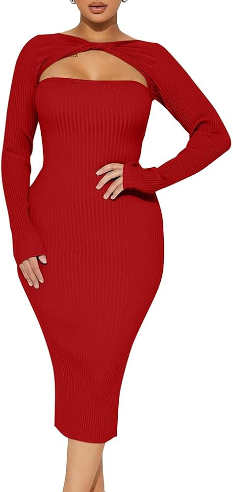 BEAGIMEG Women's Sexy Bodycon Long Sleeve Twisted Cut Out Party Club Cocktail Midi Dress | Amazon (US)