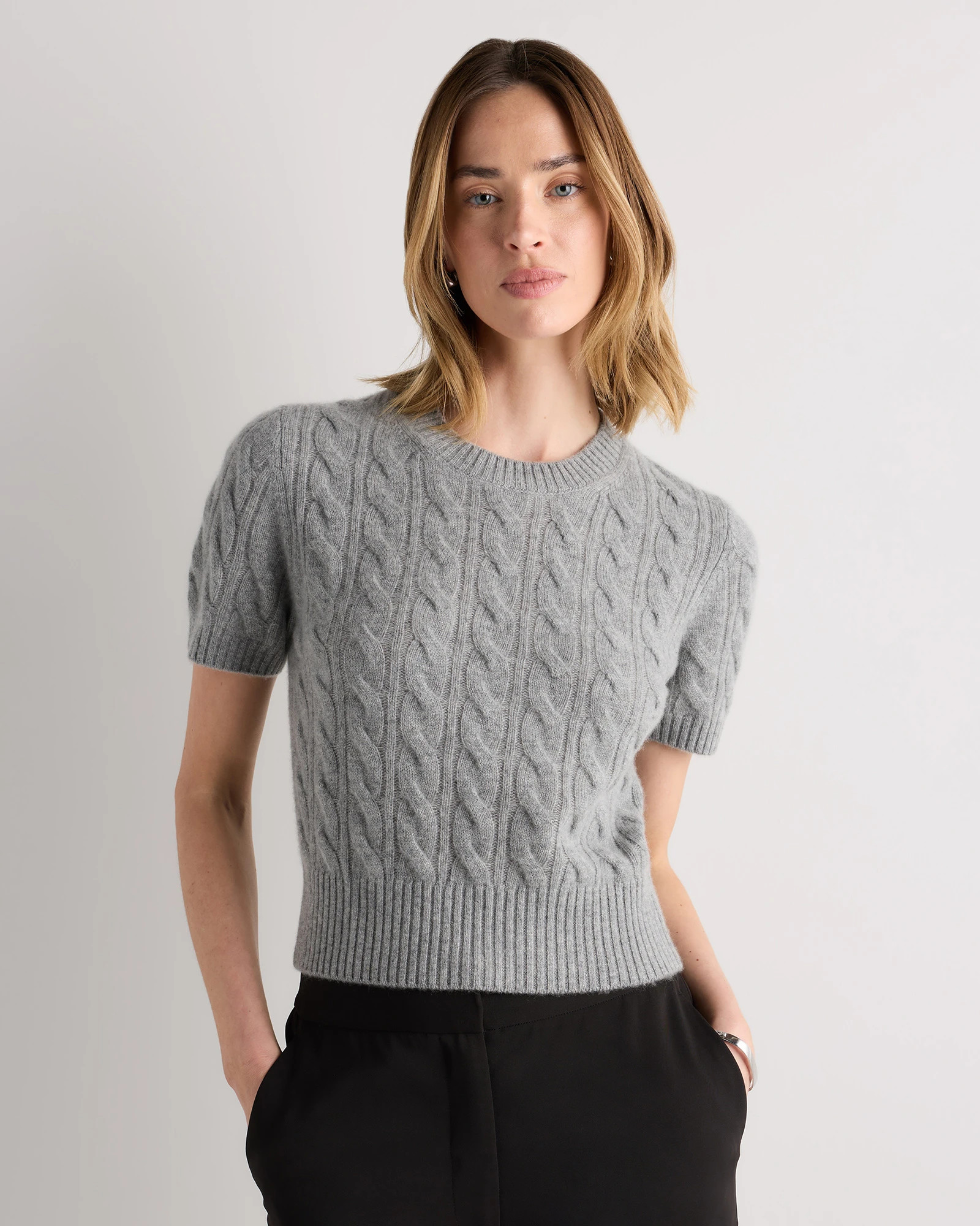 Quince | Women's Mongolian Cashmere Shrunken Cable T-Shirt in Ivory, Size Medium | Quince