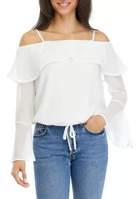 A. Byer Juniors' Off The Shoulder Tie Waist Blouse, White, Small | Belk