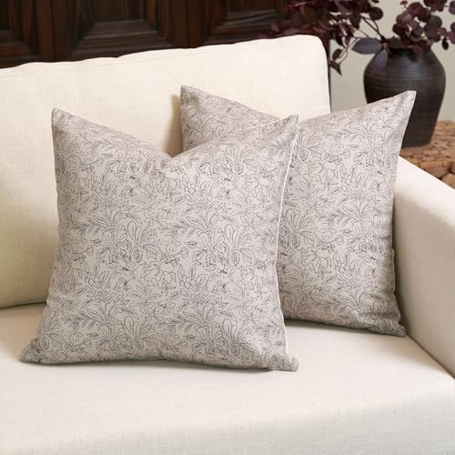 Amor Virisso Floral Throw Pillow Covers 20x20 Set of 2 Vintage Block Print Pillow Covers Decorative Pillow Covers Couch Pillows for Living Room Farmhouse Accent Sofa Pillows, Black/Sand | Amazon (US)