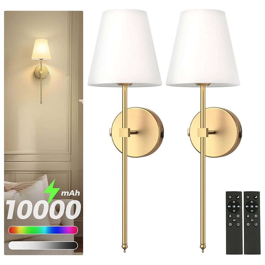 DORESshop Battery Operated Wall Sconce Set of Two, 10000mah Gold Rechargeable Wall Sconce with Re... | Amazon (US)