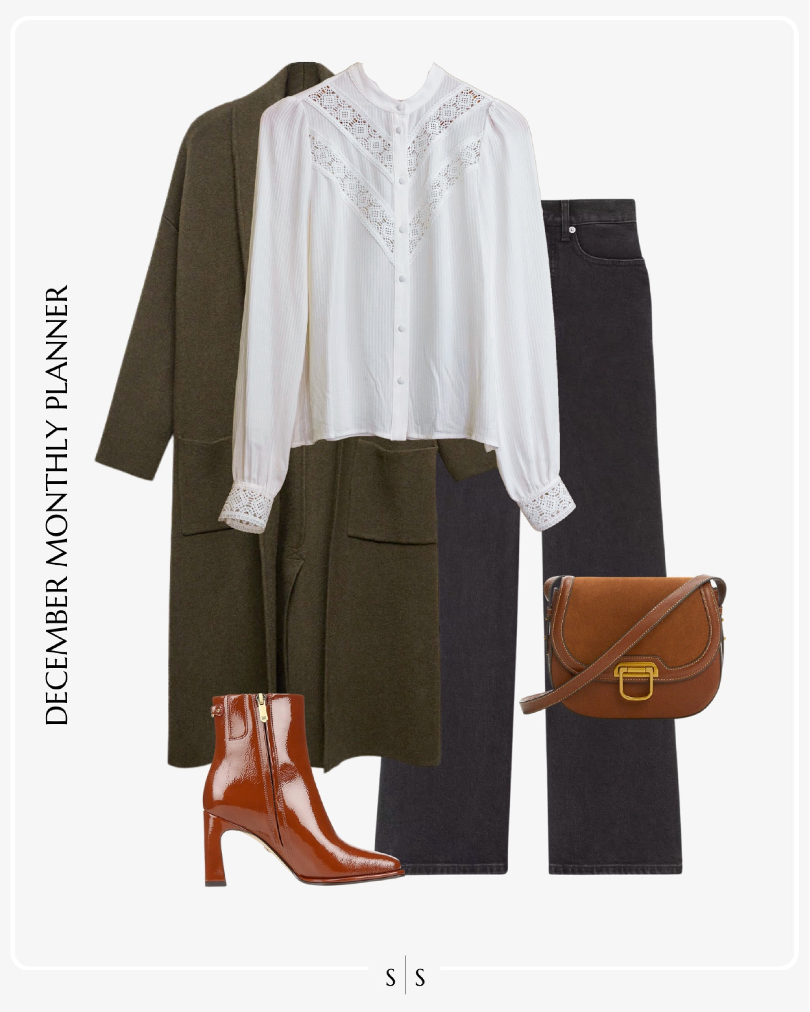 Monthly outfit planner: DECEMBER: Winter looks | olive long knit coat, embroidered blouse, black wide leg jean, patent ankle boot, saddle crossbody

See the entire calendar on thesarahstories.com ✨ 

#LTKstyletip