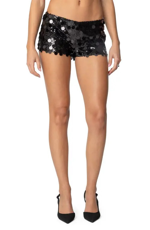 EDIKTED Sephira Sequin Low Rise Micro Shorts in Black at Nordstrom, Size Small | Nordstrom