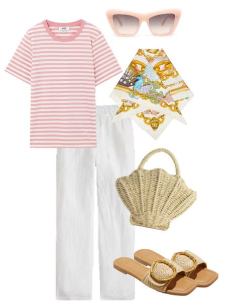 Beachy summer outfit! 
.
Linen pants raffia bag seashell scarf raffia sandals target finds beach vacation outfit 

#LTKfindsunder50 #LTKfindsunder100 #LTKstyletip