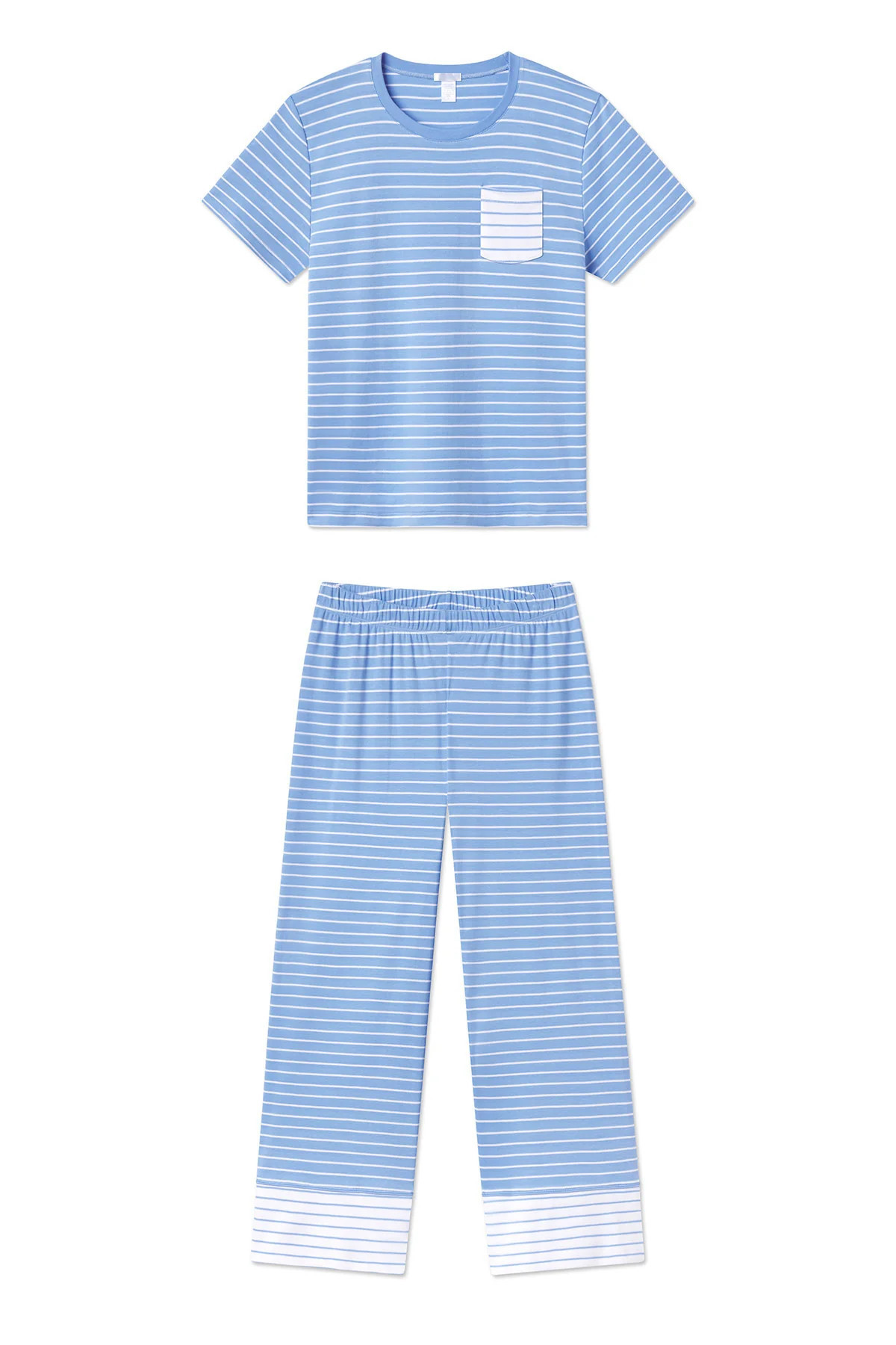 Pima Crew Wide Leg Pajama Set in Mixed Baltic Blue Stripe | Lake Pajamas