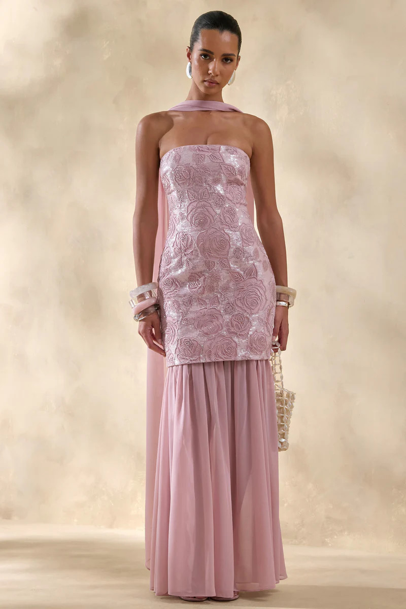 Meraly  Pink Sequin Bandeau Maxi Dress With Scarf-Detail | Club L London