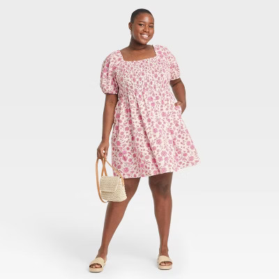 Women's Floral Print Puff Elbow Sleeve Smocked Dress - Universal Thread™ Cream | Target