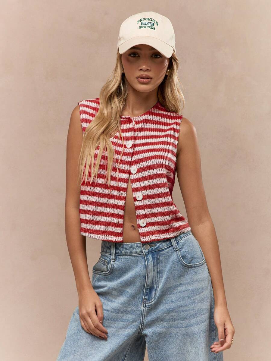 MISSGUIDED Retro Style Button Front Knit Crop Vest Sleeveless Summer Top Striped Waistcoat Y2K Fa... | SHEIN