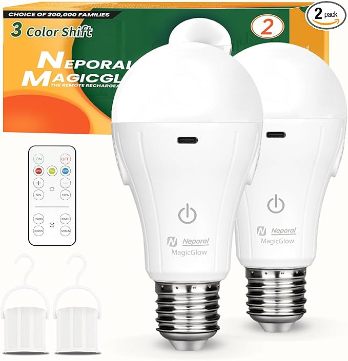 Neporal MagicGlow Rechargeable Light Bulbs with Remote, 3 Colors Shift + Dimmable Battery Powered... | Amazon (US)