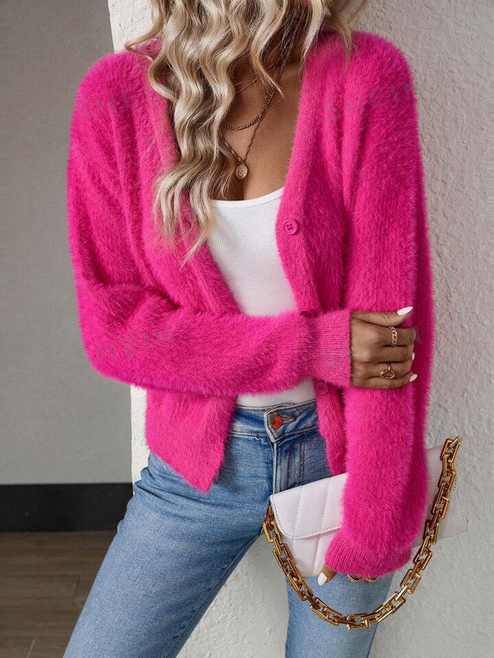 SHEIN Essnce Drop Shoulder Button Front Fluffy Knit Cardigan | SHEIN