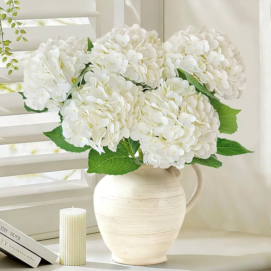 Real Touch White Hydrangea Artificial Flowers with Stems, Fake Silk Flowers for Outdoors, 3 Pcs A... | Amazon (US)