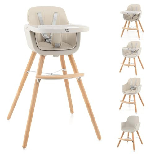 BABY JOY Convertible Baby High Chair, 3 in 1 Wooden Highchair/Booster/Chair with Removable Tray, Adjustable Legs, 5-Point Harness, PU Cushion and Footrest for Baby, Infants, Toddlers (Beige) | Amazon (US)