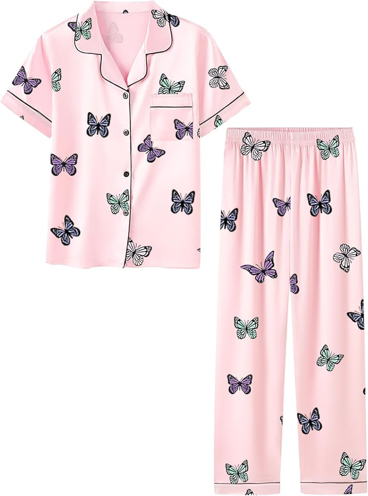 Umeyda Girls Womens Pajamas Set, Satin Silky Button Down Loungewear 2 Piece Short Sleeve Pants PJ... | Amazon (US)