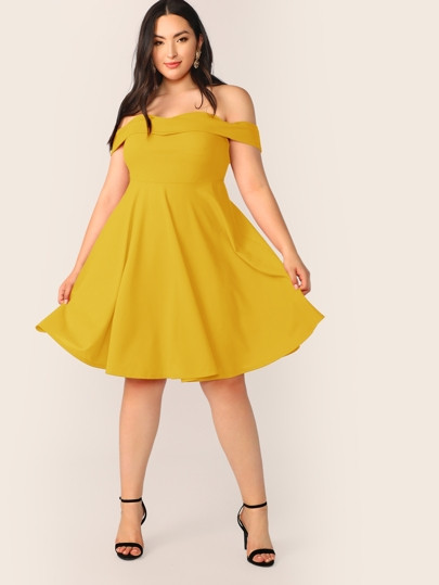 SHEIN Plus Off Shoulder Foldover Front Flared Dress | SHEIN