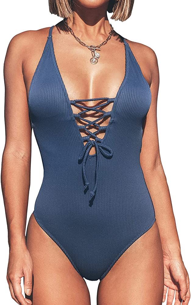 CUPSHE Women's Solid Color V Neck Lace Up One Piece Swimsuit | Amazon (US)