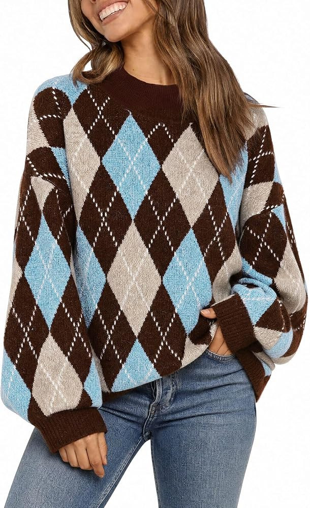 Saodimallsu Womens Oversized Sweaters Argyle Fall Winter Tunic Sweater Tops | Amazon (US)