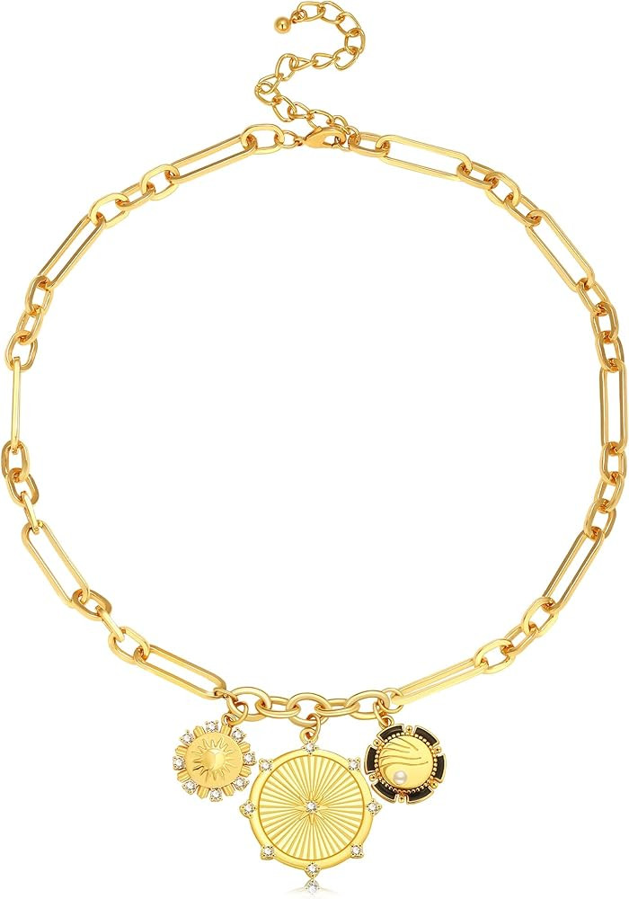 Chunky Gold Sun Heart Pendant Charm Necklace for Women 18K Gold Plated Thick Paperclip Chain Chok... | Amazon (US)