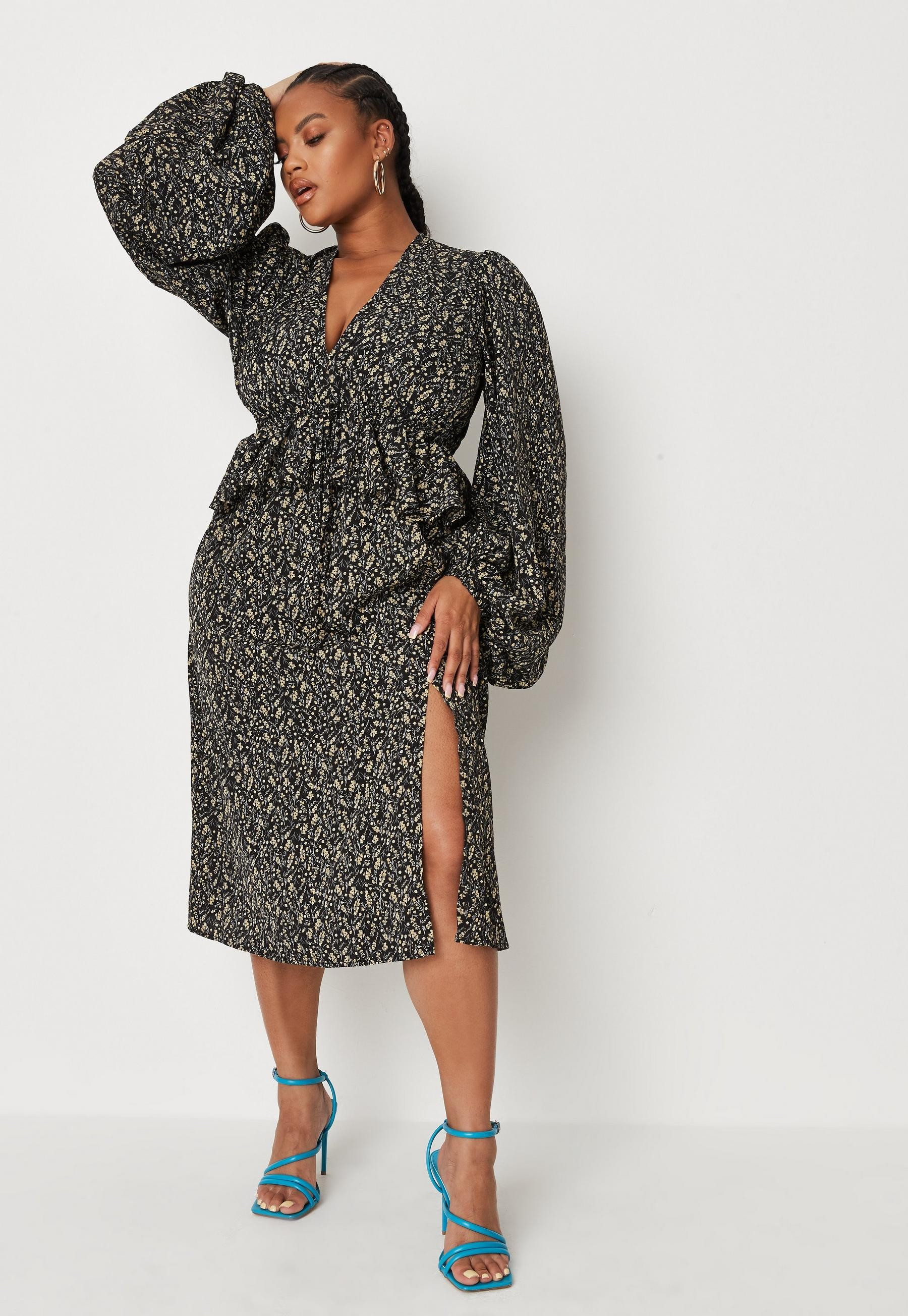 Missguided - Plus Size Black Floral Print Ruffle Midi Dress | Missguided (US & CA)