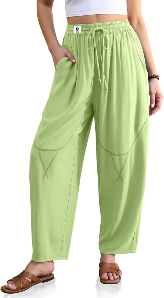 TARSE Womens Linen Harem Pants Wide Leg Barrel Casual Loose Fit Cropped Drawstring Elastic Waist ... | Amazon (US)