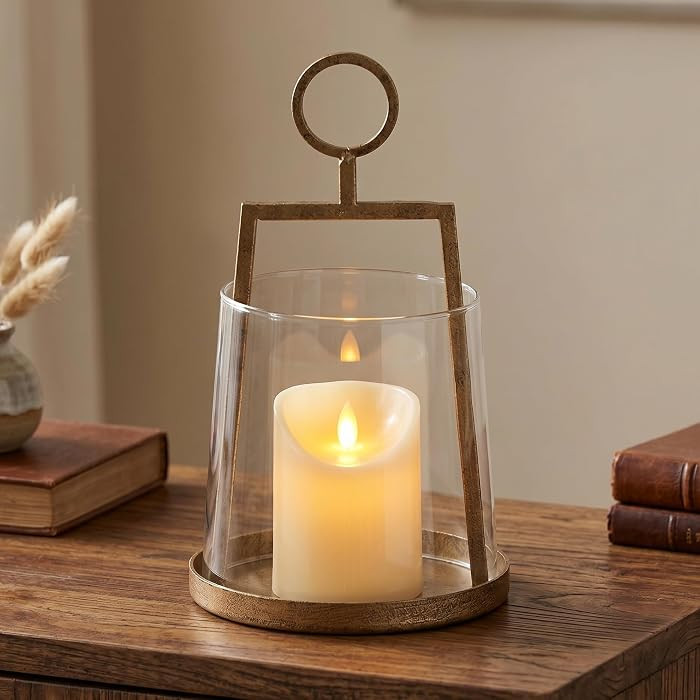 Modern Farmhouse Hurricane Candle Holder, Antique Brass Metal Centerpiece | Amazon (US)