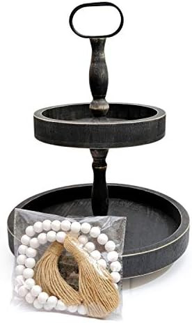 Farmhouse Tiered Tray with Beads Home Decor, Wooden 2 Tier Tray for The Coffee Table, Kitchen Tie... | Amazon (US)