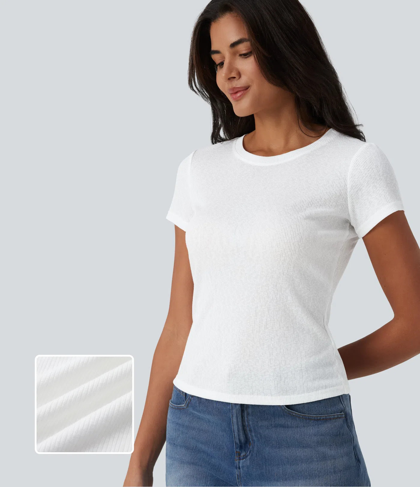 Women’s Semi Sheer Ribbed Knit Round Neck Short Sleeve Casual T-Shirt - Halara | Halara UK