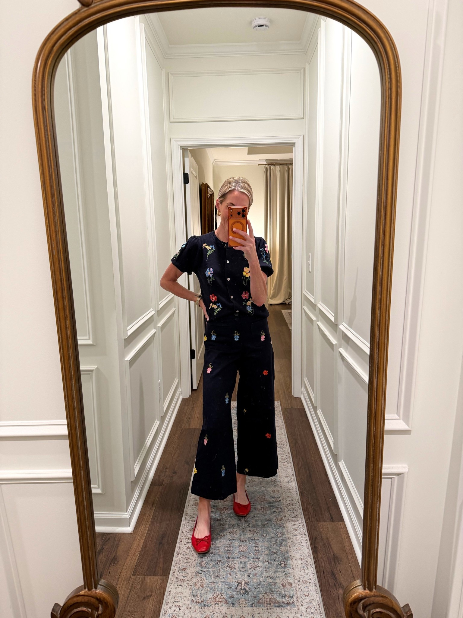 Today’s outfit of the day… Walmart embroidered pants size 0 cute embroidered sweater… Size is limited Walmart flats  