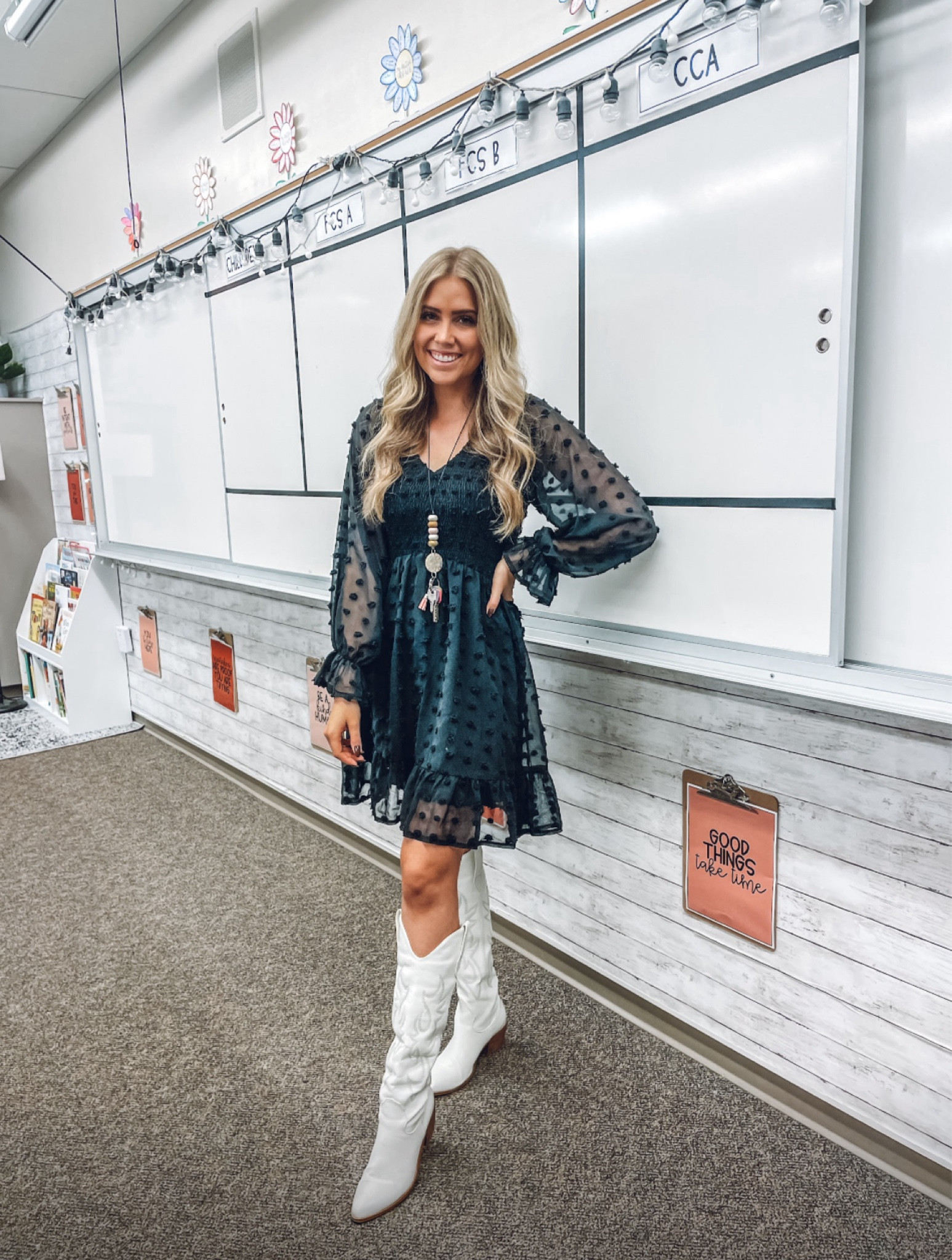 Teacher outfit of the day!
Dress and boots true to size!

| fall outfits | teacher outfits | work outfit | boots 
#LTKfindsunder100 

#LTKSeasonal #LTKBacktoSchool