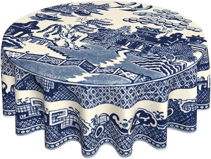 NBFKDO Oriental Style Chinese Blue Willow Soft Microfiber (1) Round Table Cloth,Stain Wrinkle Res... | Amazon (US)