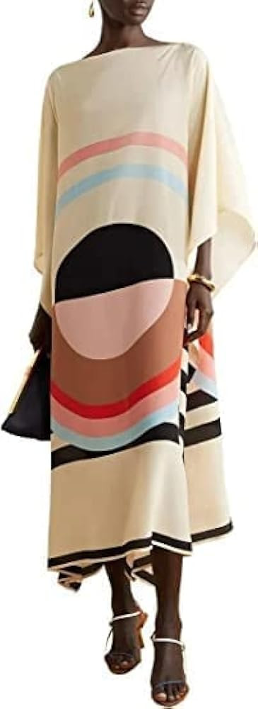 Hiyan Creation Printed Lounge Wear Calf Length Silk Crepe Kaftan, Tunic Dress, Summer Loose Dress... | Amazon (US)