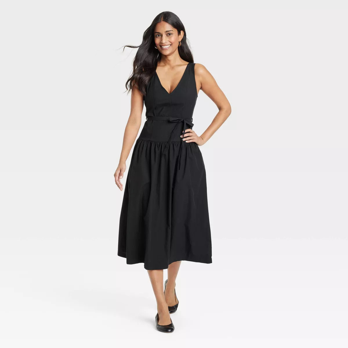 Women's Tie-Waist Midi A-Line Dress - Universal Thread™ Black XS | Target