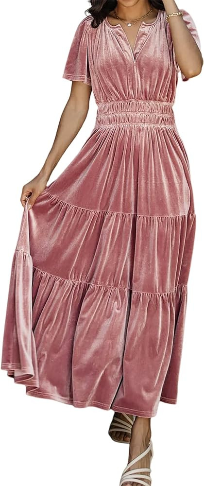 R.Vivimos Women's Fall Winter Vintage Velvet Dress Short Sleeve V Neck Elastic Waist Tiered Ruffl... | Amazon (US)