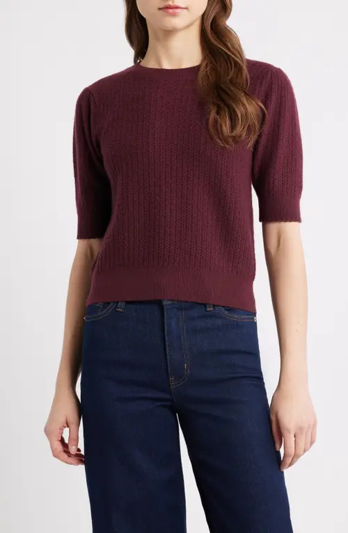 FRAME The Ladder Pointelle Short Sleeve Cashmere Sweater in Cabernet at Nordstrom, Size Small | Nordstrom