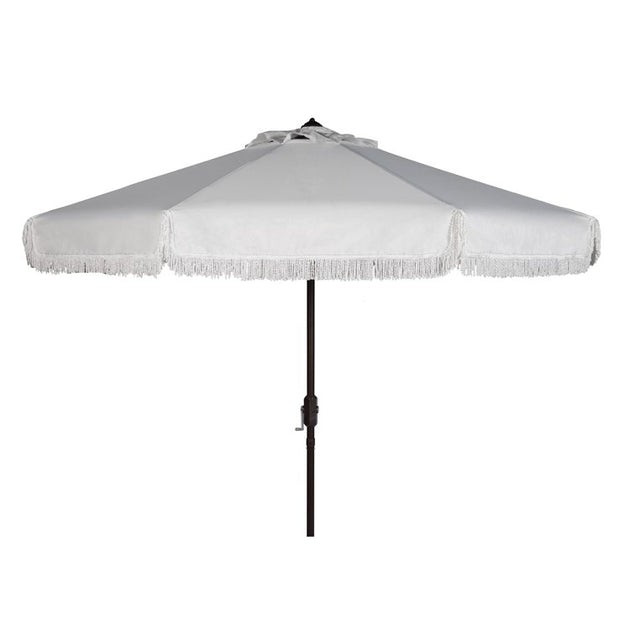 Milan Fringe 9 Ft Crank Outdoor Push Button Tilt Umbrella - White | Riverbend Home