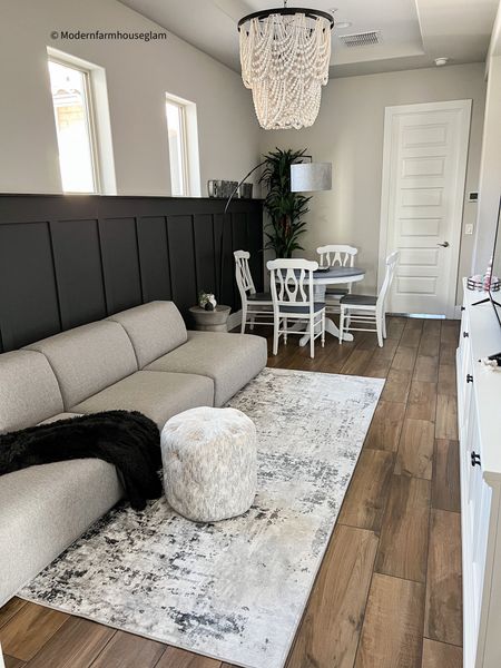 Gameroom at Modern Farmhouse Glam. I put two of these media console tables next to eachother. They are flush  
Livingroom furniture kids pottery barn beaded chandelier lighting media console table storage cabinet rug white grey black home decor 

#LTKhome #LTKFind #LTKSale