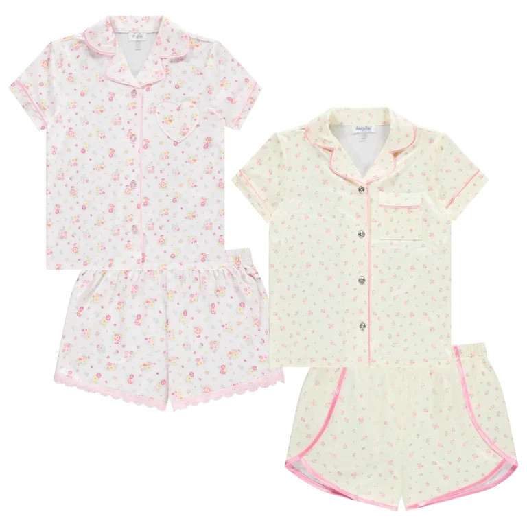 Btween Girls Pajama Set 4 Pack Short Sleeve Button-Down Sleepwear with Shorts, Soft Brushed ITY F... | Walmart (US)