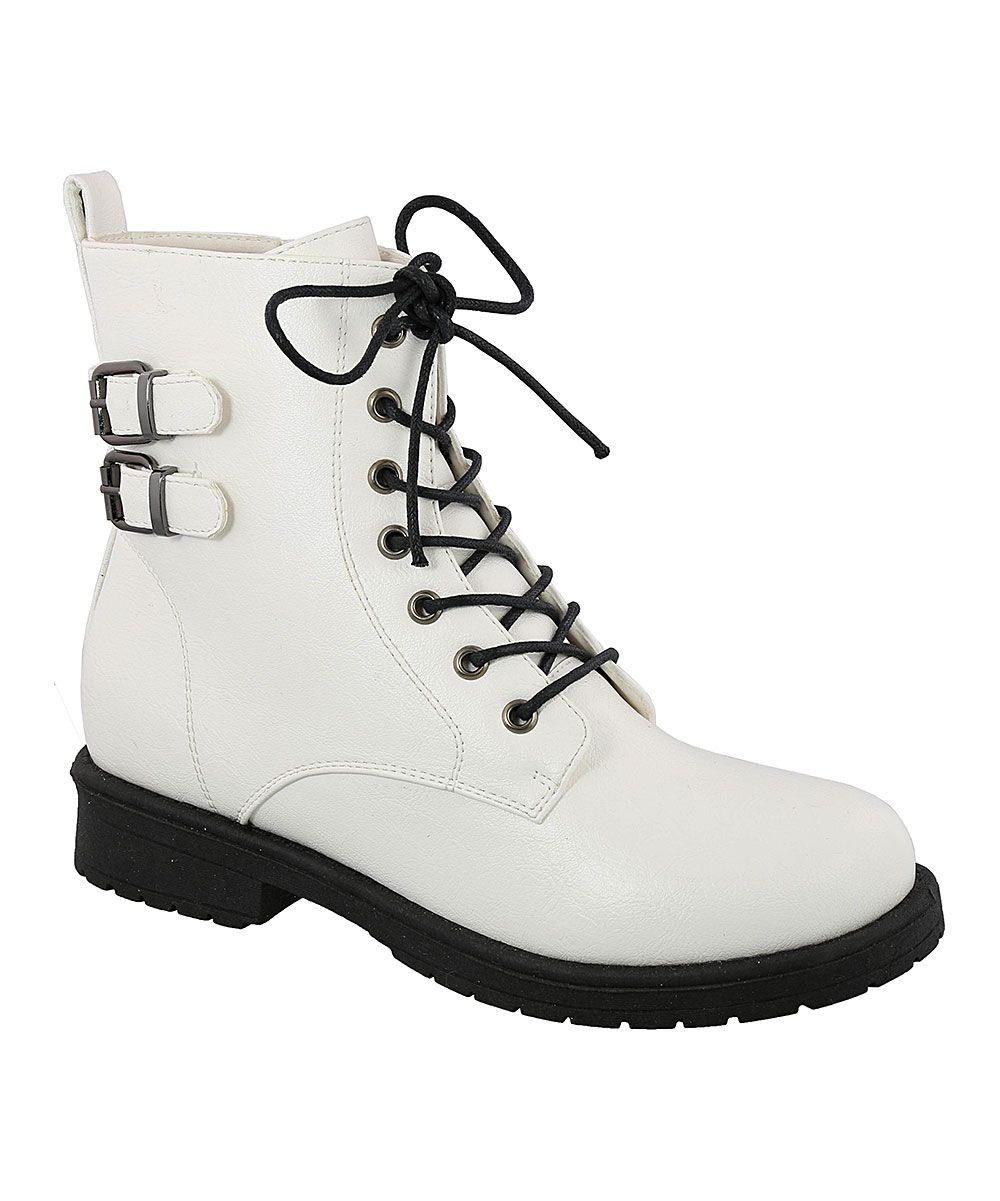 TOP MODA Women's Cold Weather Boots White - White & Black Enid Buckle-Accent Combat Boot - Women | Zulily