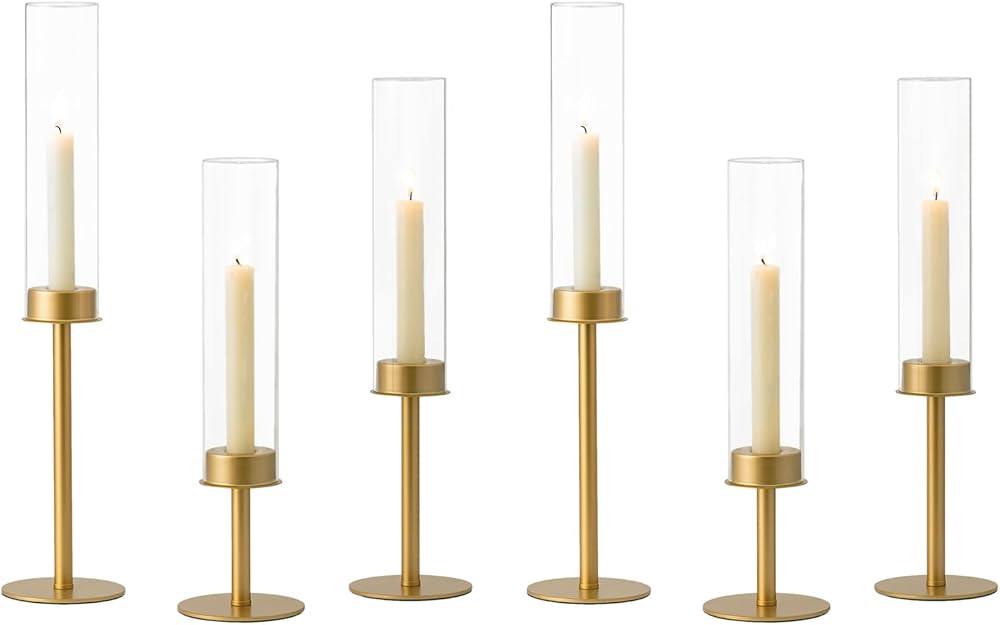 Hewory Gold Candle Holders Hurricane Candlestick Holders, 6Pcs Brass Candle Stick Candle Holder C... | Amazon (US)