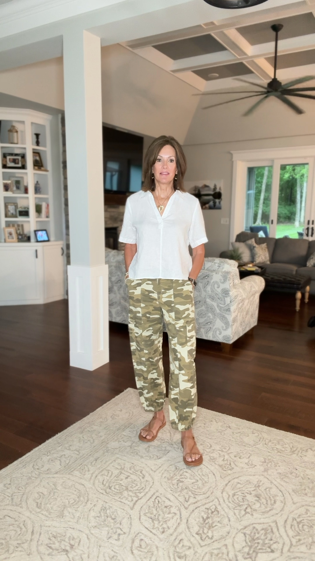Camo pants - 28. 
I listed 3 retailer’s so check all 3 for your size 
Linen popover too - medium

#LTKootd #LTKMidsize #LTKTall