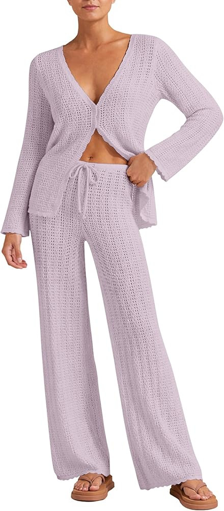 Womens Beach Cover Up Sets 2 Piece Crochet Long Sleeve Button Cardigan Top and Pants Vacation Res... | Amazon (US)