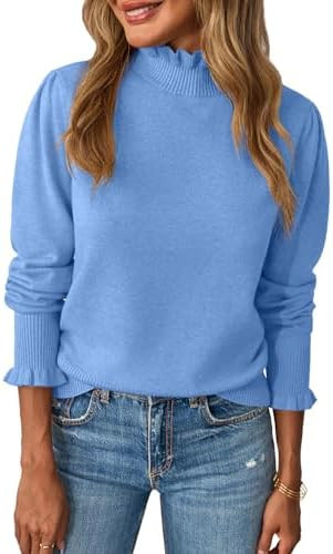 Saodimallsu Womens Ruffle Mock Neck Sweater Puff Long Sleeve Fall Soft Knit Casual Pullover Sweat... | Amazon (US)